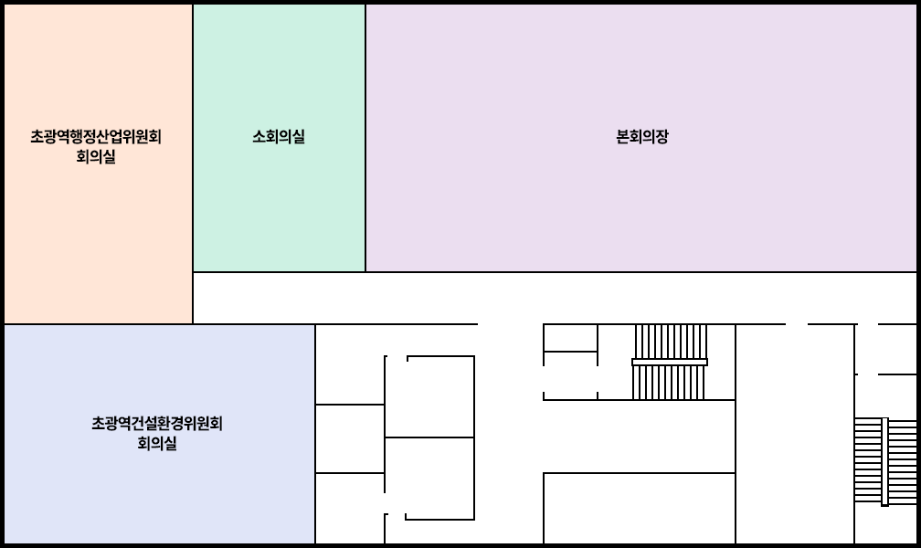 북서쪽에서 시계방향으로 초광역행정산업위원회 회의실, 소회의실, 본회의장, 초광역건설환경위원회 회의실이 위치해 있습니다.